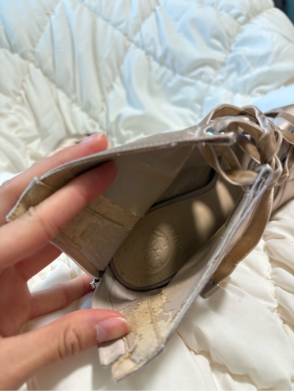 Guess Vintage Y2K Champagne Satin Peep Toe Ballet Lace-Up Stiletto Heels - Picture 7 of 9